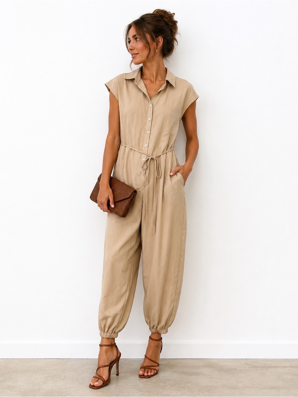 Sleeveless Beige Utility Jumpsuit with Drawstring Waist - Picture 1 of 9
